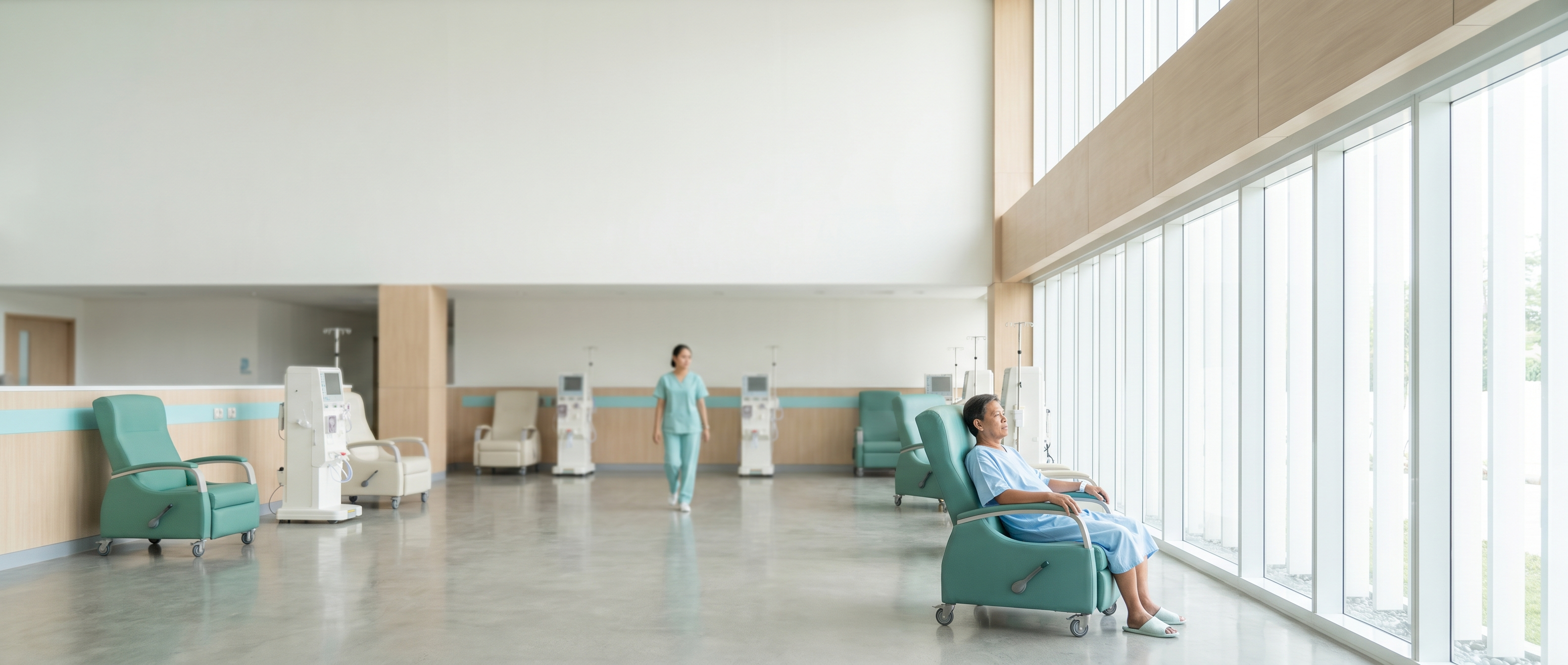 A wide, light-filled Renovia dialysis center, a patient small in the frame by the glass wall