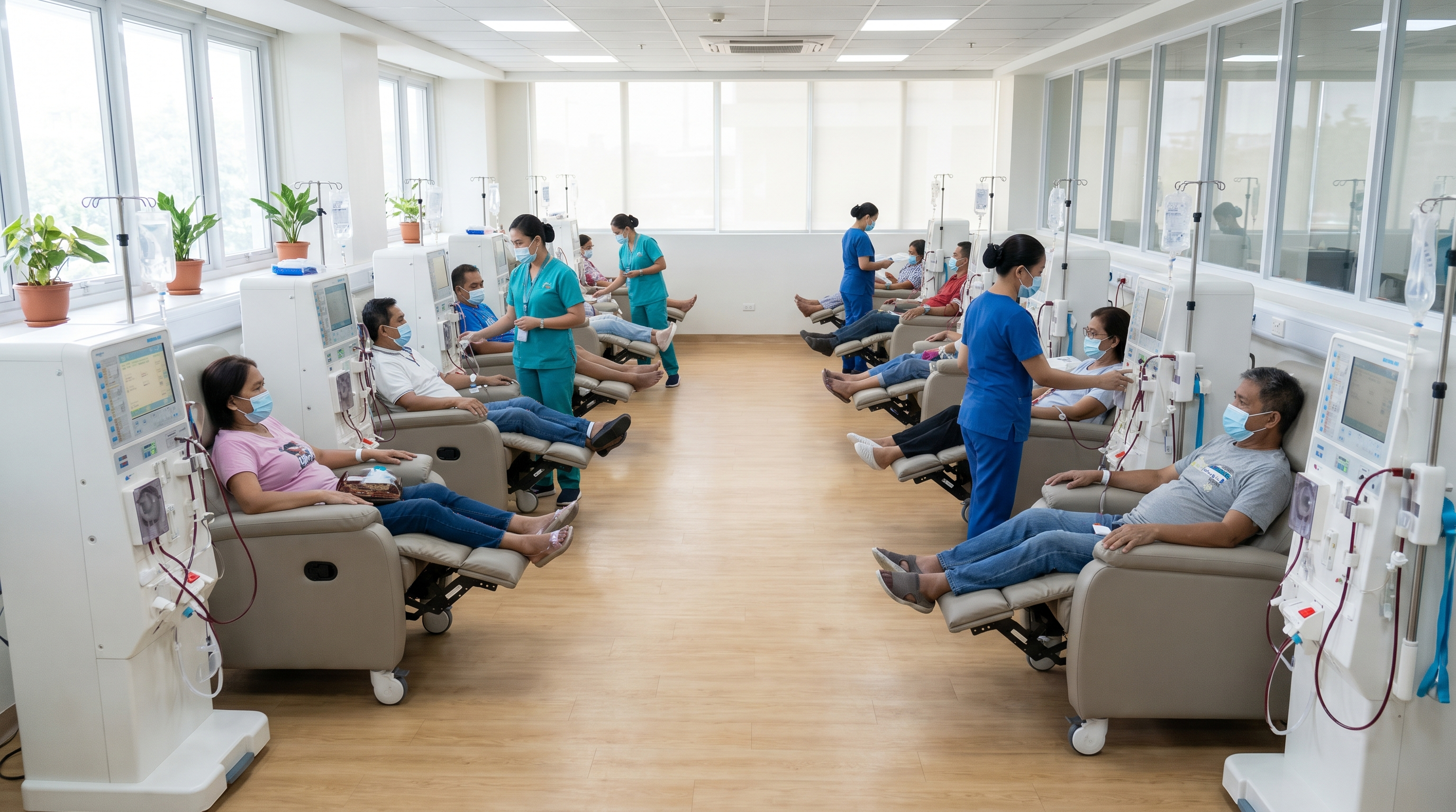 A 12-station dialysis center in full operation, staff attending to patients